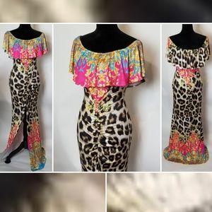 Off The Shoulder Leopard/Floral Print Maxi